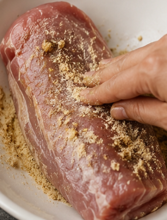 Rub the pork tenderloin with chicken broth powder or crushed cubes. Massage the seasoning well into the meat.