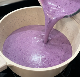 Pour the ube mixture into a large saucepan. Use a light-colored pan if possible so you can easily see if anything is sticking or burning at the bottom.