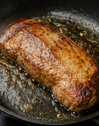 Heat oil in a pan over medium heat. Sear the pork for about 5 minutes until lightly browned on the outside.