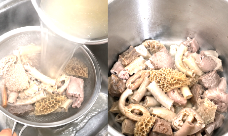 Drain and throw away the boiling water. Rinse the innards if needed, then return them to the pot.