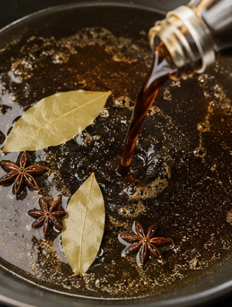 Remove excess oil from the pan, leaving just a little behind. Pour in the Coca-Cola, oyster sauce, bay leaves, and star anise.