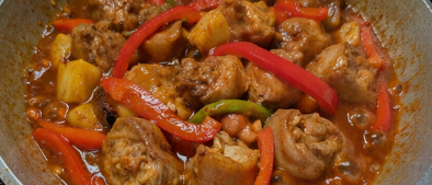 Add pineapple chunks, pork and beans, bell pepper, and chili labuyo. Season with fish sauce or salt. Simmer for 5 minutes or longer until the sauce is thick and flavorful.