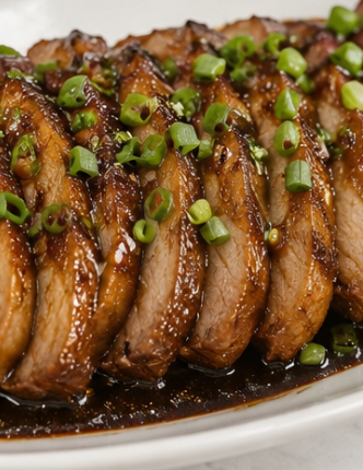 Transfer the pork to a serving plate, slice into pieces, and spoon the sauce over the top. Garnish with chopped green onions before serving.